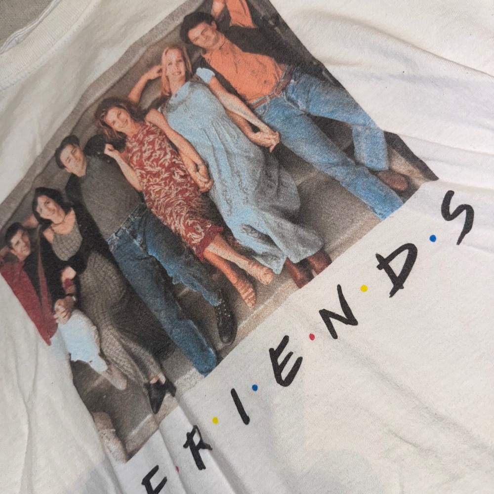Friends The TV Series Graphic T-Shirt White Small Cropped Raw Hem Cast Photo